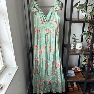 SHEIN Jade Floral Print Butterfly Sleeve Split Thigh Satin Dress